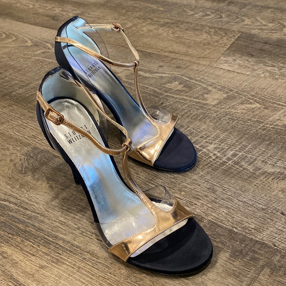 Black satin and rose gold heels